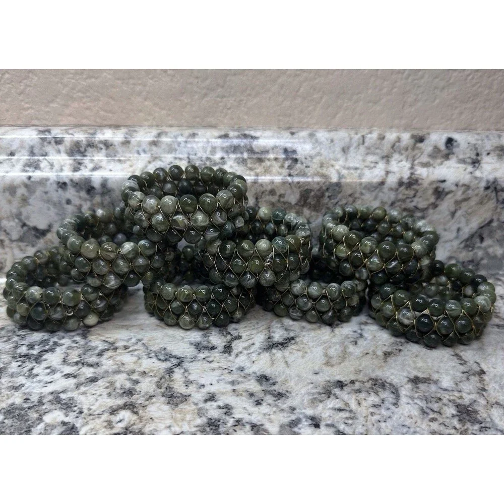 Coastal Sea Green Marbled Stone Bead Gold Wire Napkin Rings Set of 8